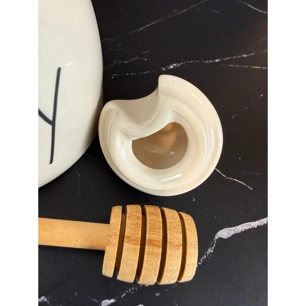 Rae Dunn HONEY Pot Large Letters with Wood Dipper And Bee Lid‎ Magenta EUC!